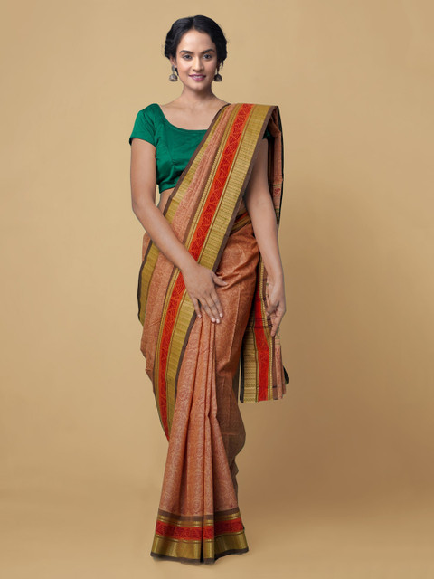 

Unnati Silks Brown & Red Ethnic Motifs Zari Pure Cotton Dabu Handloom Saree