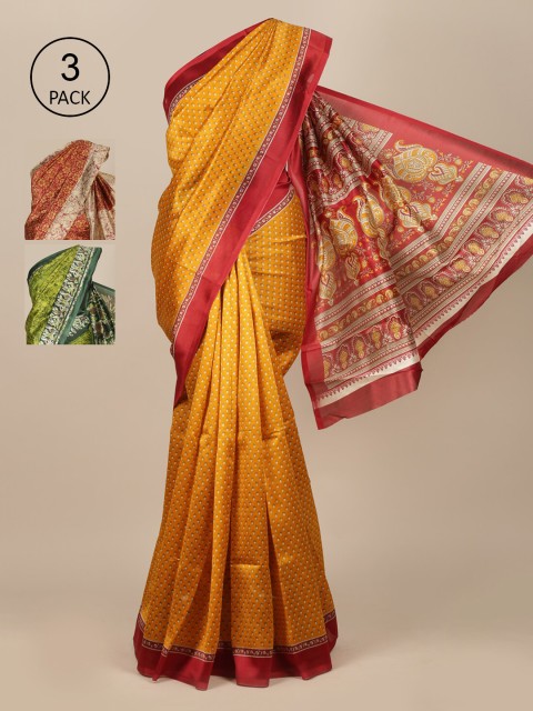 

Pothys Mustard Pack of 3 Woven Design Zardozi Jute Silk Heavy Work Saree