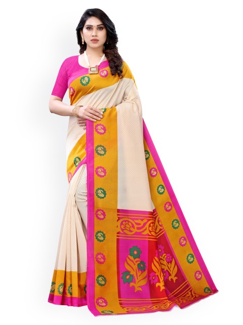 

KALINI Cream & Pink Ethnic Motifs Poly Silk Saree