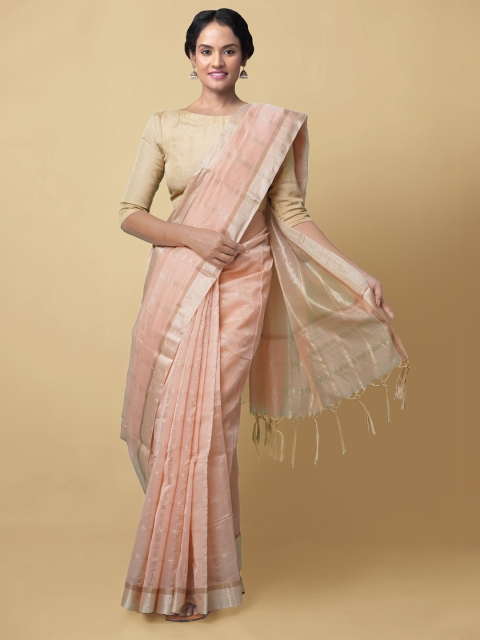 

Unnati Silks Pink & Gold-Toned Checked Zari Silk Cotton Banarasi Handloom Saree