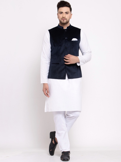 

MAXENCE Men Navy-Blue Woven-Design Cotton Slim-Fit Nehru Jacket