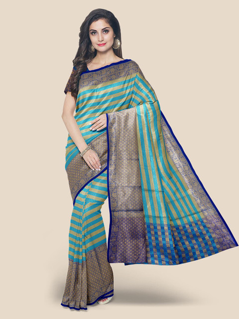 

KLM Fashion Mall Blue Striped Zari Silk Blend Banarasi Saree
