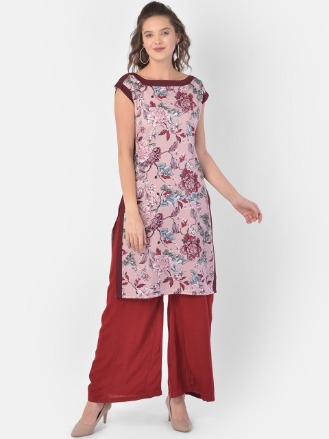 

Ojjasvi Women Pink & Maroon Floral Printed Satin Kurta