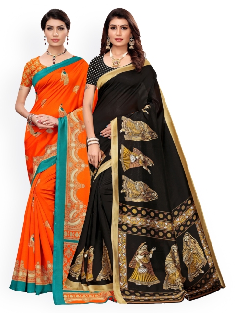 

KALINI Black & Orange Pack of 2 Ethnic Motifs Art Silk Saree