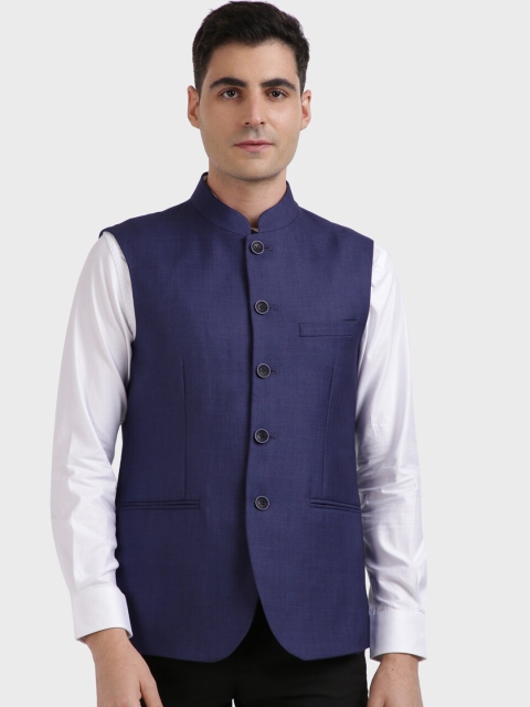 

ColorPlus Men Blue Solid Woven Nehru Jacket