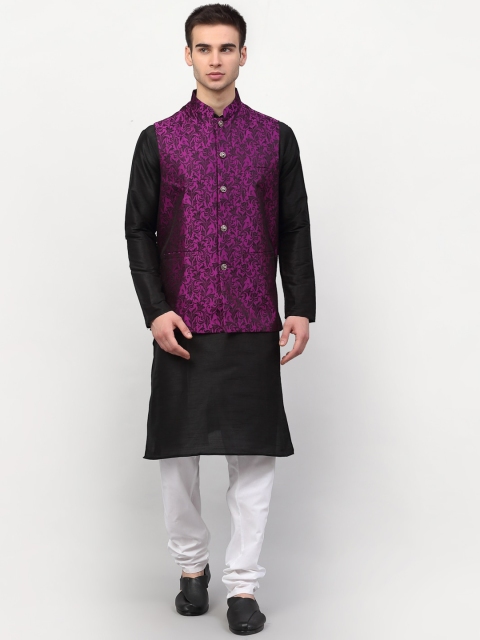 

Jompers Men Black Layered Dupion Silk Kurta with Churidar & Nehru Jacket