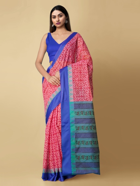 

Unnati Silks Pink & Blue Ethnic Motifs Silk Cotton Chanderi Saree