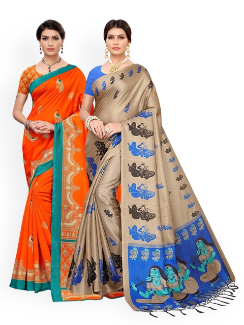 

KALINI Pack Of 2 Beige & Orange Ethnic Motifs Zari Art Silk Sarees