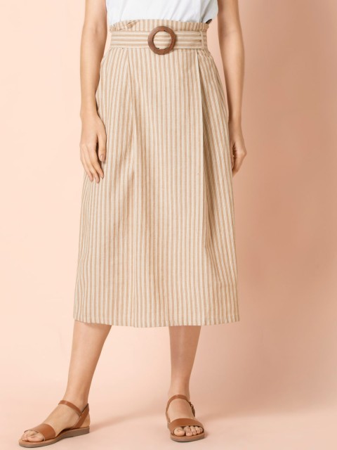 

Earthen BY INDYA Beige Striped Belted Paperbag Midi Skirt