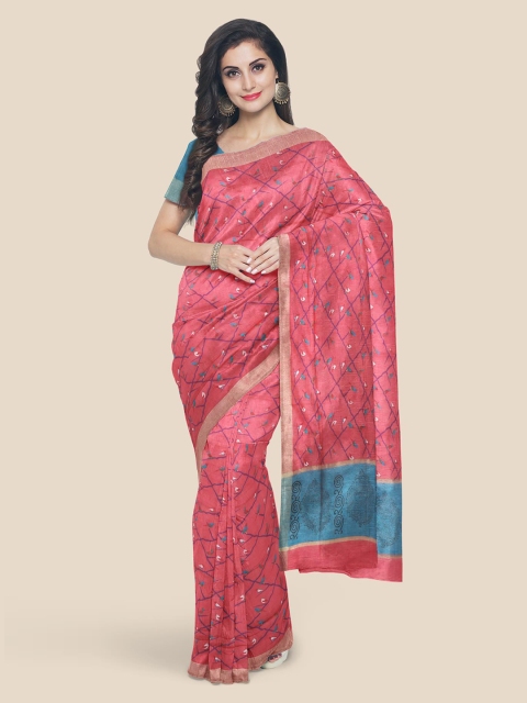 

KLM Fashion Mall Pink Printed Zari Linen Blend Saree