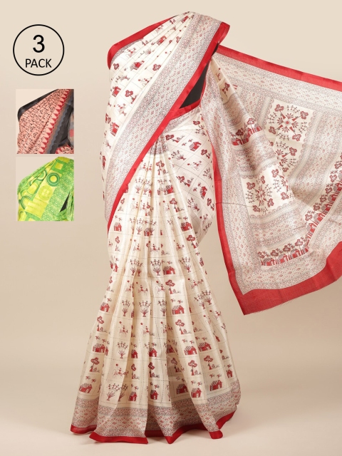 

Pothys White & Green Jute Silk Printed Saree