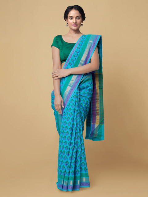 

Unnati Silks Blue Ethnic Motifs Zari Pure Cotton Handloom Mangalagiri Saree
