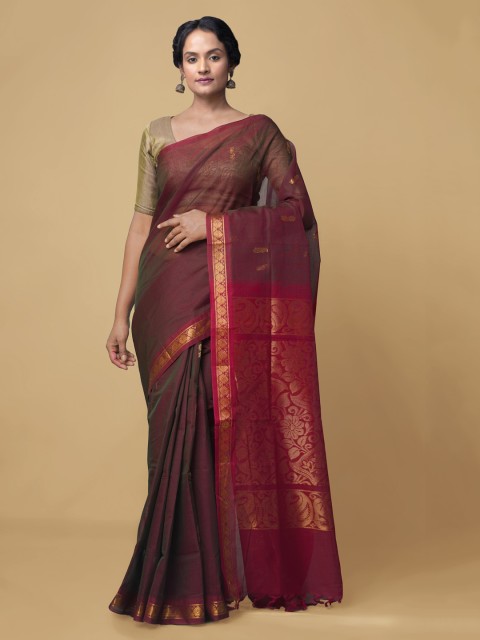 

Unnati Silks Maroon Woven Design Zari Pure Cotton Gadwal Saree