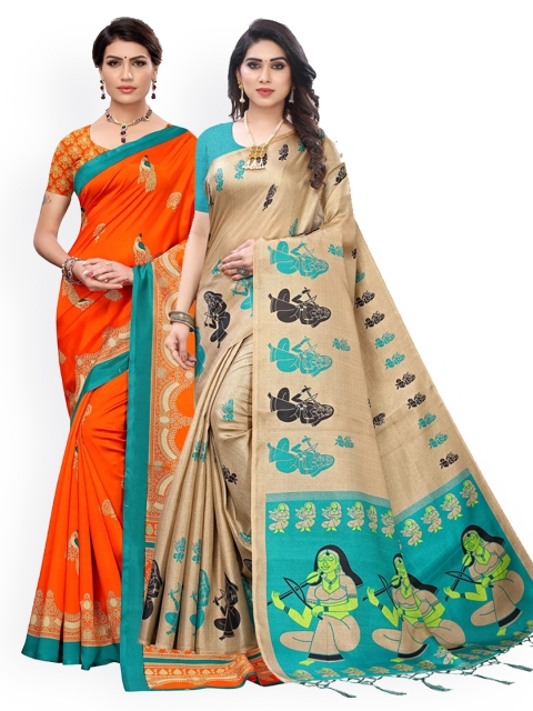 

KALINI Pack of 2 Blue & Orange Ethnic Motifs Art Silk Saree