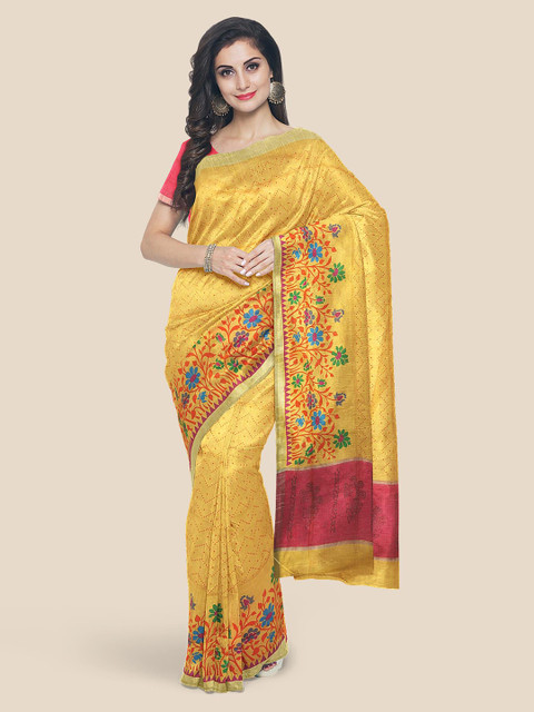 

KLM Fashion Mall Yellow Striped Zari Linen Blend Heavy Work Saree