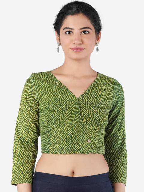 

Llajja Green & Yellow Ajrakh Printed Pure Cotton Saree Blouse