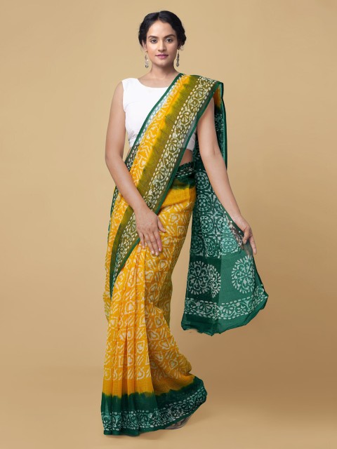 

Unnati Silks Yellow & Green Batik Pure Cotton Kota Saree