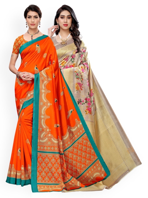 

KALINI Pack of 2 Beige & Orange Ethnic Motifs Art Silk Saree