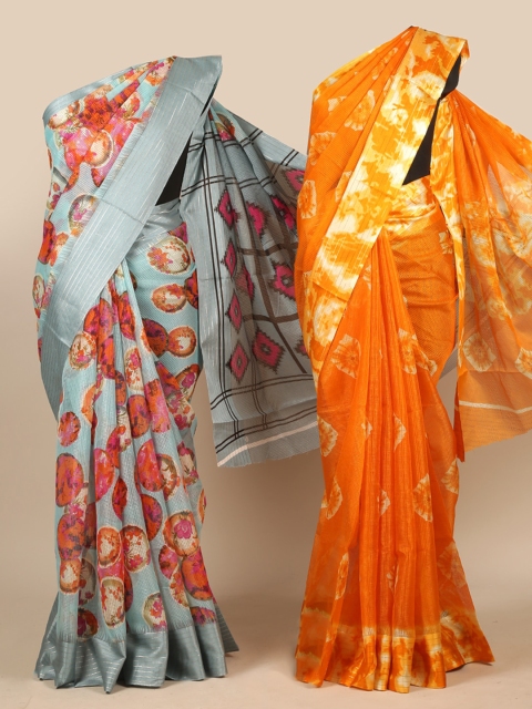 

Pothys Pack Of 2 Blue & Orange Floral Jute Silk Saree