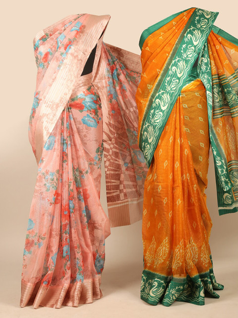 

Pothys Pack Of 2 Peach & Orange Floral Zari Jute Silk Sarees