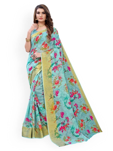 

KALINI Turquoise Blue Floral Printed Linen Blend Saree