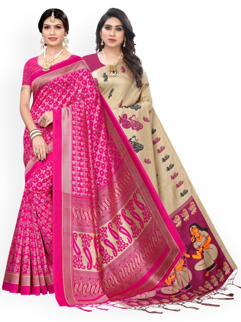 

KALINI Pack of 2 Pink & Beige Ethnic Motifs Art Silk Saree