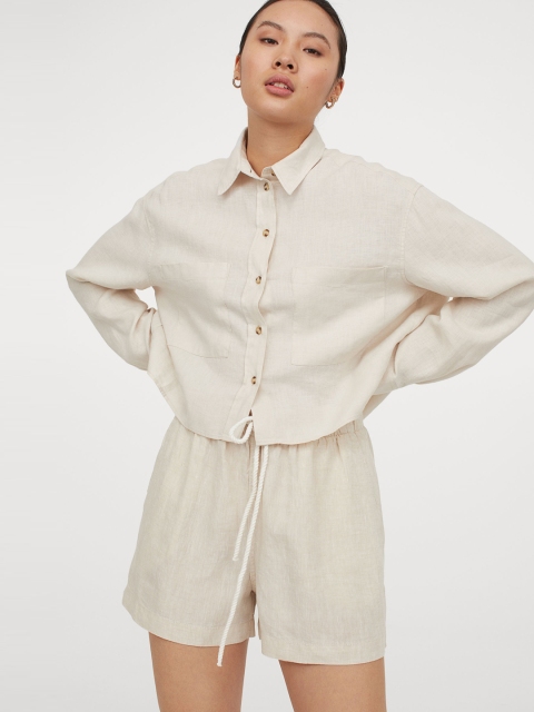 

H&M Women Beige Solid Linen Shorts