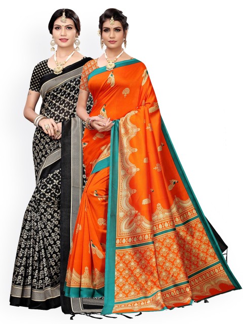 

KALINI Black & Orange Pack of 2 Ethnic Motifs Art Silk Saree