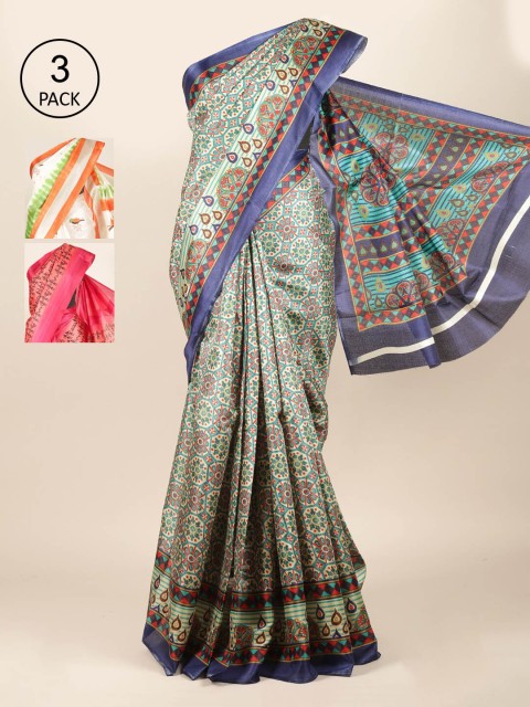 

Pothys Pack of 3 Ethnic Motifs Jute Silk Saree, Green