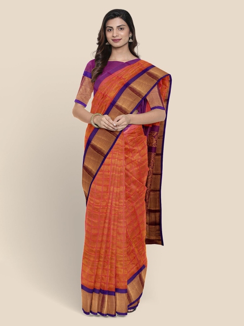 

KLM Fashion Mall Coral Checked Zari Saree
