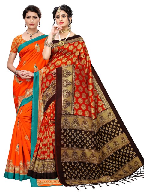 

KALINI Pack Of 2 Orange & Red Ethnic Motifs Art Silk Saree
