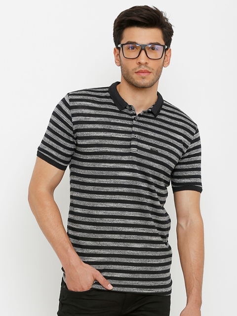

Rex Straut Jeans Men Grey & Black Striped Polo Collar Slim Fit Cotton T-shirt