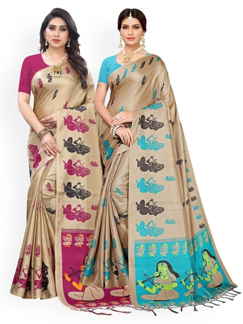 

KALINI Pack Of 2 Beige & Blue Ethnic Motifs Art Silk Saree