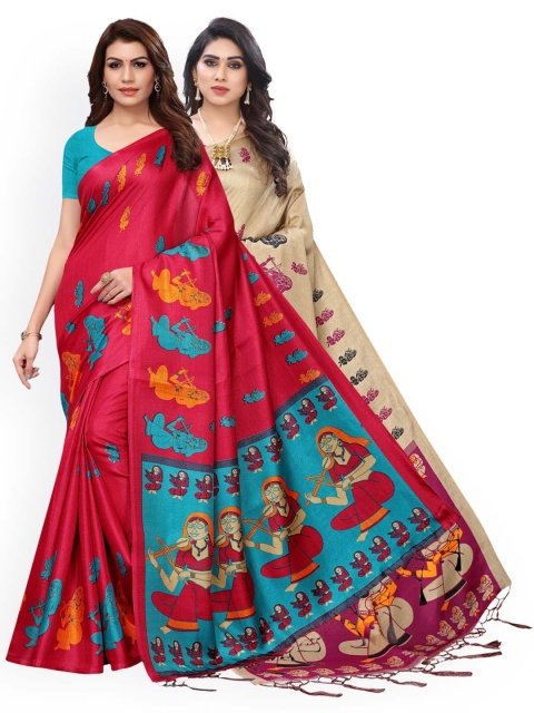 

KALINI Pack Of 2 Red & Beige Ethnic Motifs Art Silk Sarees