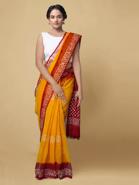 

Unnati Silks Yellow & Red Batik Pure Cotton Kota Saree