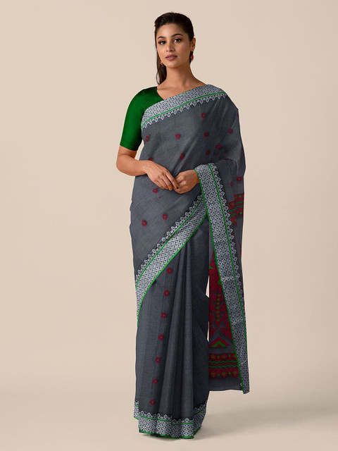 

Taneira Charcoal & Maroon Woven Design Zari Pure Cotton Saree
