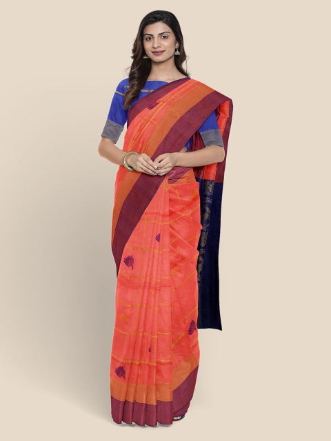 

KLM Fashion Mall Coral & Navy Blue Checked Zari Silk Blend Venkatgiri Saree