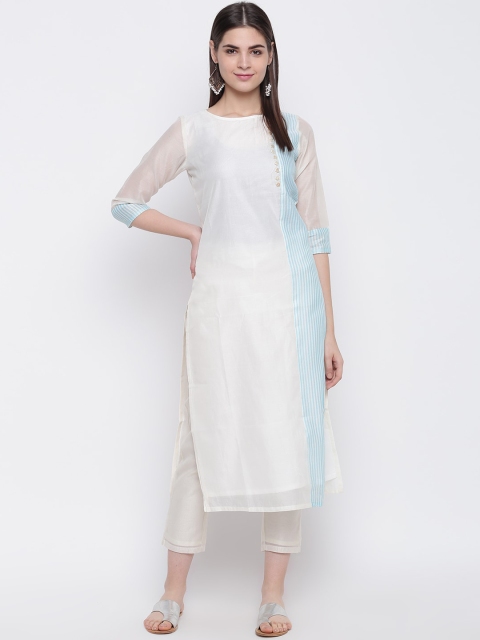 

Shakumbhari Women White & Blue Striped Chanderi Silk Chanderi Silk Kurta