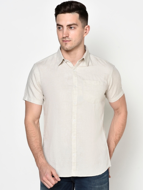 METTLE Men Cream-Coloured Regular Fit Solid Casual Shirt