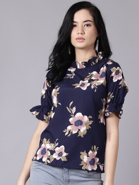 

AASI - HOUSE OF NAYO Navy Blue Floral Crepe Regular Top