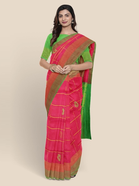 

KLM Fashion Mall Pink & Green Checked Zari Silk Blend Venkatgiri Saree