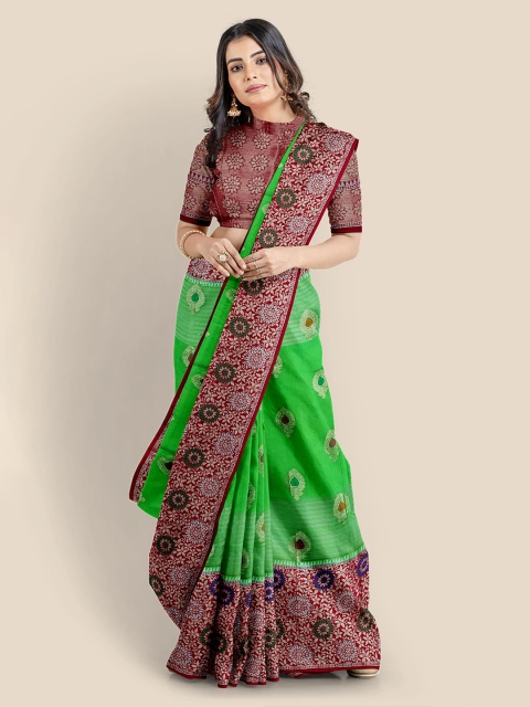 

KLM Fashion Mall Green Striped Embroidered Silk Blend Banarasi Saree