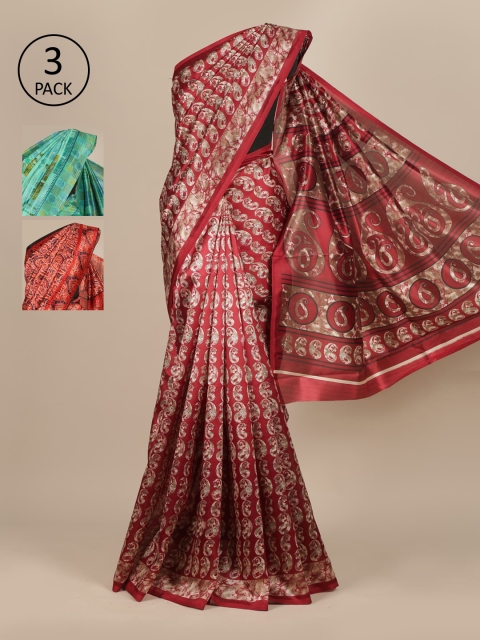 

Pothys Pack Of 3 Jute Silk Sarees, Maroon