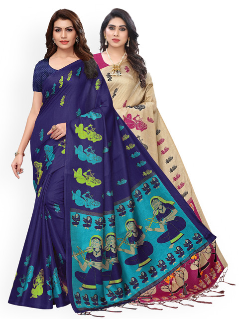 

KALINI Navy Blue & Beige Set of 2 Art Silk Saree