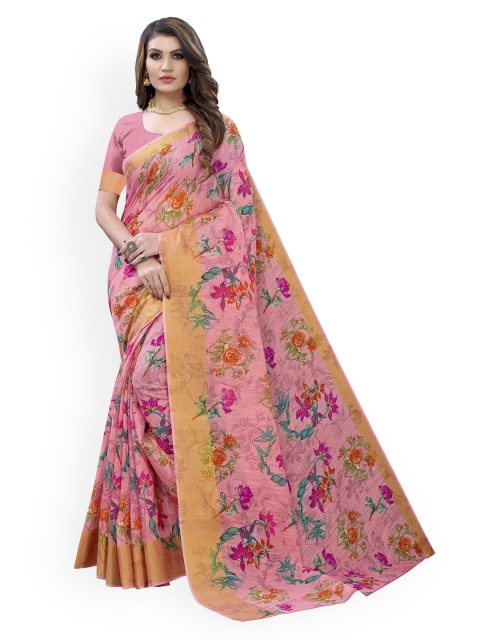 

KALINI Pink Floral Zari Linen Blend Saree