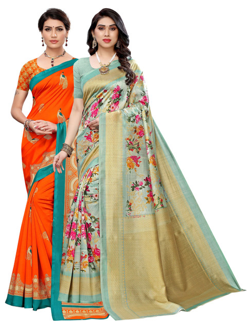 

KALINI Green & Orange Set of 2 Floral Art Silk Saree