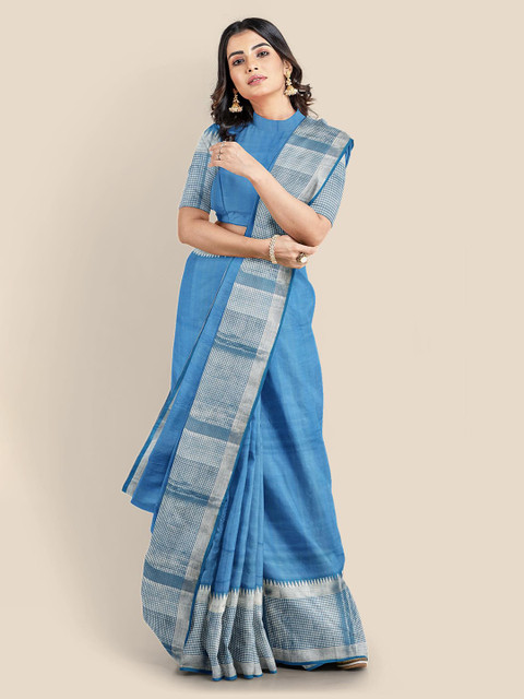 

KLM Fashion Mall Blue Zari Silk Cotton Mangalagiri Saree