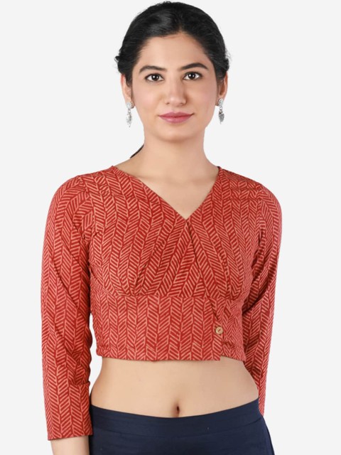 

Llajja Women Maroon Ajrakh Printed Pure Cotton Saree Blouse