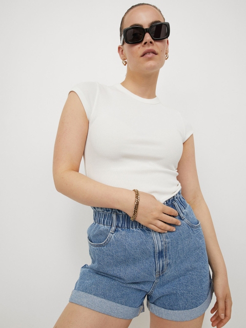 

H&M Women Blue Solid Denim Paper Bag Shorts