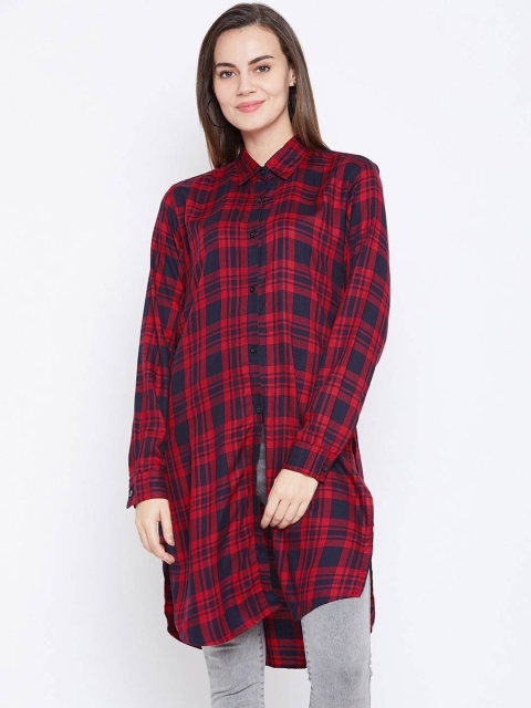 

One Femme Red & Navy Blue Shirt Collar Checked Tunic